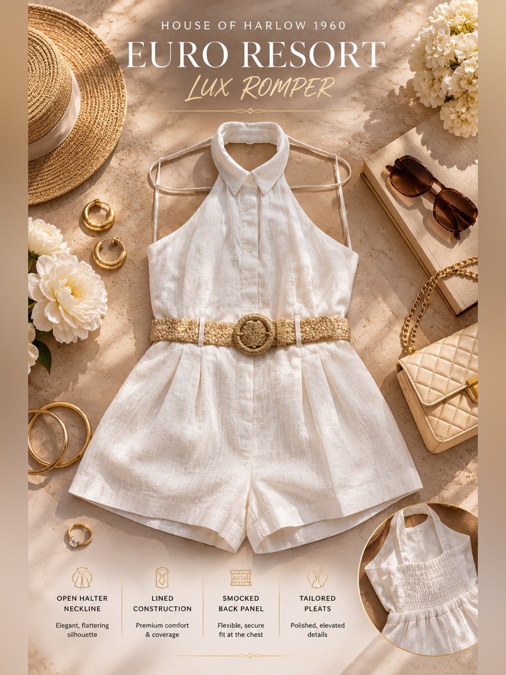 SOLD✨ Rich Girl Summer Romper | House of Harlow 1960 Cream Halter • Euro Resort - Picture 2 of 6